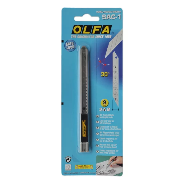 The OLFA SAC-1 stainless steel slimline vinyl installers knife with 30 degree snap-off blade is pictured below the light blue, OLFA branded packaging that the knife comes packaged in.