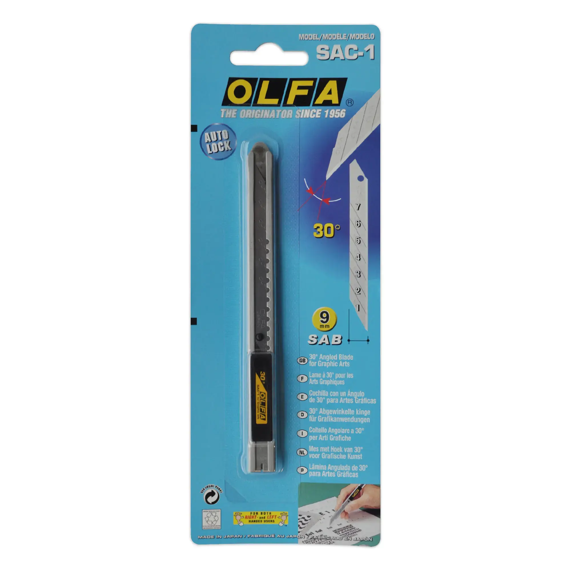 The OLFA SAC-1 stainless steel slimline vinyl installers knife with 30 degree snap-off blade is pictured below the light blue, OLFA branded packaging that the knife comes packaged in.