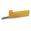 Replacement 45 degree blades for the OLFA SVR-2 stainless steel slimline retractable graphic arts knife, shown in the yellow plastic protective case they are supplied in.