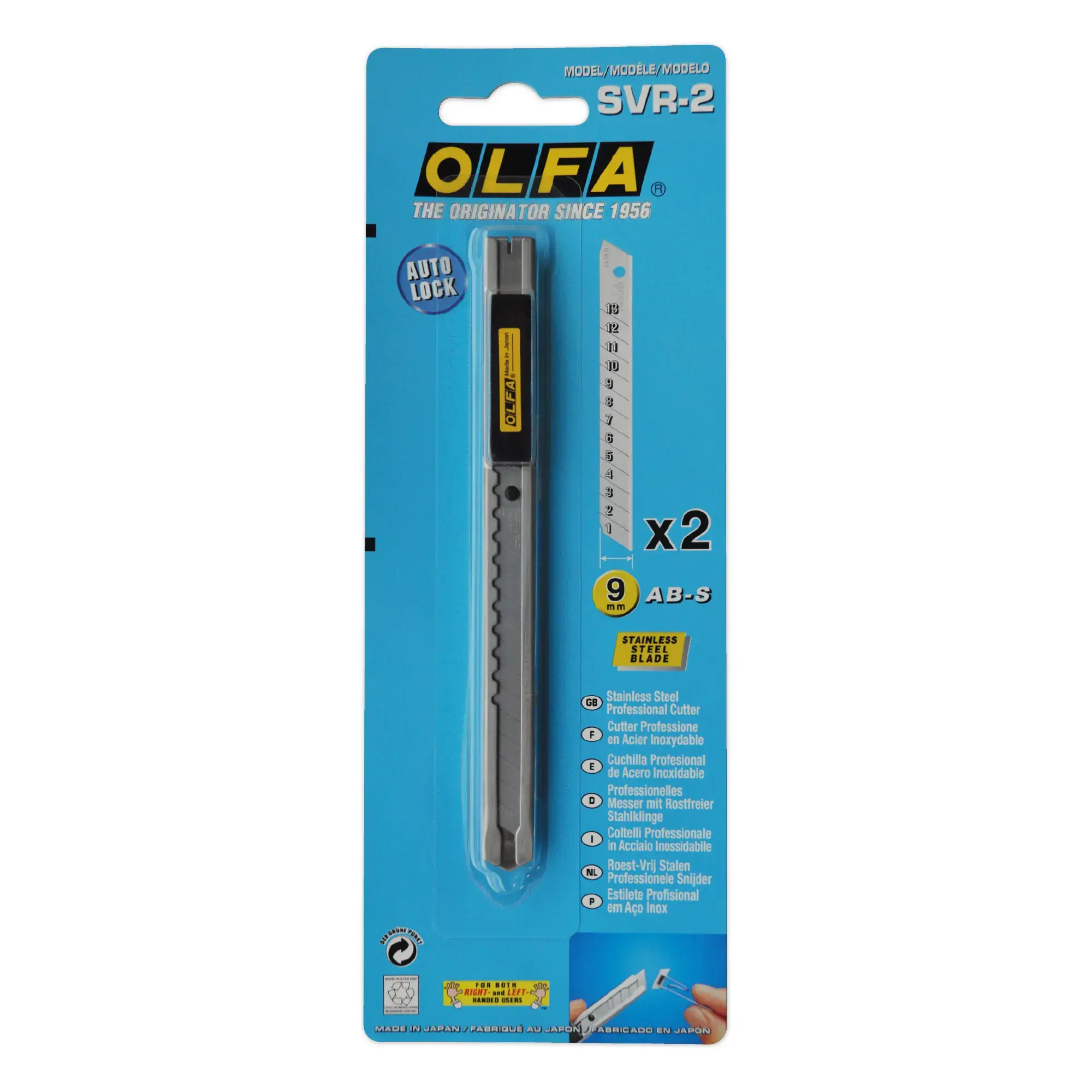 The OLFA SVR-2 stainless steel slimline graphics art knife with 45 degree snap-off blade is pictured below the light blue, OLFA branded packaging the knife comes supplied in.
