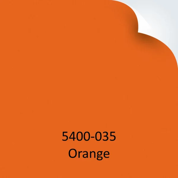 ORALITE 5400-035 Orange Commercial Grade reflective sign vinyl example colour with top right hand corner peeled back and product code and colour text at bottom of image.
