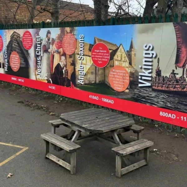 NU-COAT P11-P polymeric vinyl for digitally printed graphics is pictured self-mounted onto external school display boards with educational imagery and text that depicts a historical timeline from 2000BC to 800AD.