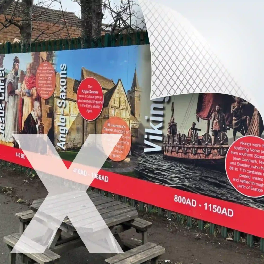 NU-COAT P11-P-X polymeric self-adhesive prints with historical, educational graphics mounted to display boards and fixed to exterior fences within a school playground. The feature of this film is the airXit bubble-free adhesive that allows for faster application without trapping air under the adhesive during application.