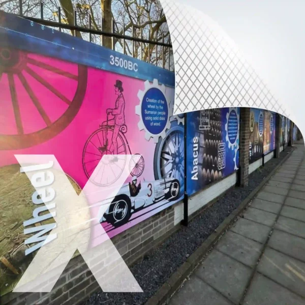 NU-COAT P12-H-X graphics vinyl with a HighGRAB airXit adhesive for easier, faster bubble-free self-adhesive applications is used here for printed educational display hoardings that inform and decorate as well as providing privacy as they surround the exterior of a school fence.