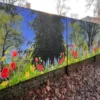 NU-COAT P12-P-P coverall print vinyl for self-adhesive digital graphics is mounted onto display boards fixed to an exterior wall, for both educational and decorative display purposes within a school grounds. The printed image is a photograph of a peaceful field of red poppies and yellow daffodils with dark green trees in the background.