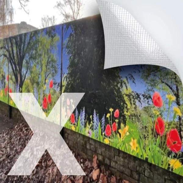 NU-COAT P12-P-X polymeric self-adhesive bubble-free graphics vinyl is mounted onto display boards fixed to an exterior wall, featuring a printed image of a wide angle photograph of a peaceful field of red poppies and yellow daffodils with dark green trees in the background.