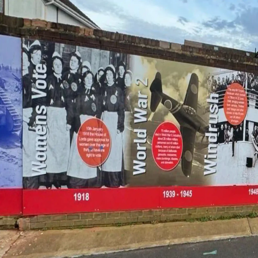 NU-COAT P25-P matt clear polymeric graphics film is laminated to printed images that show an educational historical timeline print that is applied to exterior display hoardings within a school playground.