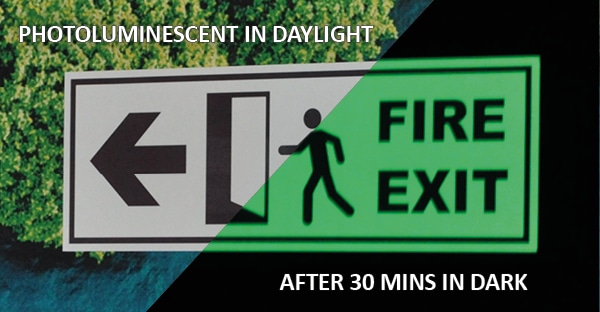 A photoluminescent green 'glow-in-the-dark' sign vinyl saftey film is pictured here in daylight as a normal black and white safety EXIT door sign and pictured side-by-side, to show the contrast between the daylight photo and a photo of the sign in low light, the signage luminesces with a green glow and the black printed text stands out visibley from the darkness.