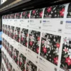 Print banner mesh, DigiPRINT MESH280 from All Print Supplies, printing imposed product samples on a wide-format HP Latex printer, withe the meshed textured 40 hole/60 film pattern clearly visible but the printed image quality still looking great!