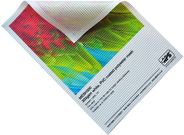Print banner MESH300 sample has been folded over at the top right hand corner to show both the front printed side and the reverse, unprinted side.