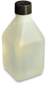 Nazdars' Print Head Cleaning Fluid bottle is slightly tranluscent, giving the liquid a creamy coloured cast in this photo. The short stumpy body shape of the bottle is square-ish in shape with a tapering neck above the body which is capped with a black screw top.