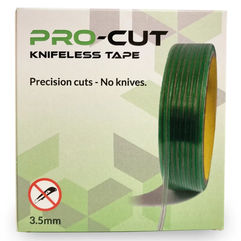 Square printed outer packaging of the PRO-CUT knifeless tape, used for vehicle wrapping.