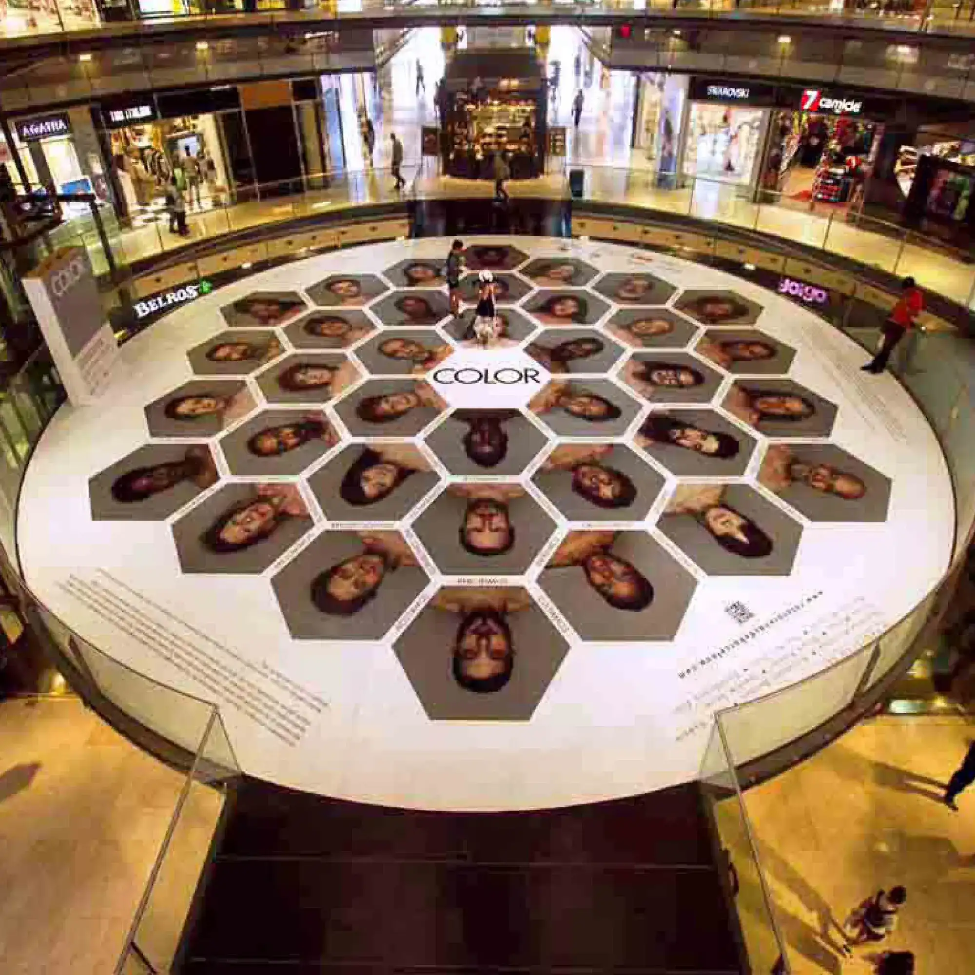 Promotional floor graphics protected with a slip-rated floor print laminate and used for this central access area in a large shopping retail mall space.