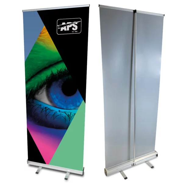 Best pull up banner stand for trade shows in the UK, the 'Buckingham' is 850mm wide x 2060mm high when fully extended - pictures shows this pull up stand from the front view with a printed exhibition graphic and the reverse side showing the foldable bungee pole fully extended held in position by the cassette and feet at the bottom.