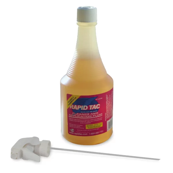 RAPIDTAC ORIGINAL pink coloured liquid application fluid for faster installation of graphics onto windows etc. in its' 946ml (32 Fl.Oz) bottle, which has a corrugated neck for easier gripping. The bottle has it's screw cap on the top rather than having the spray nozzle inserted. The spray trigger mechanism lays on its side at the foot of the bottle.