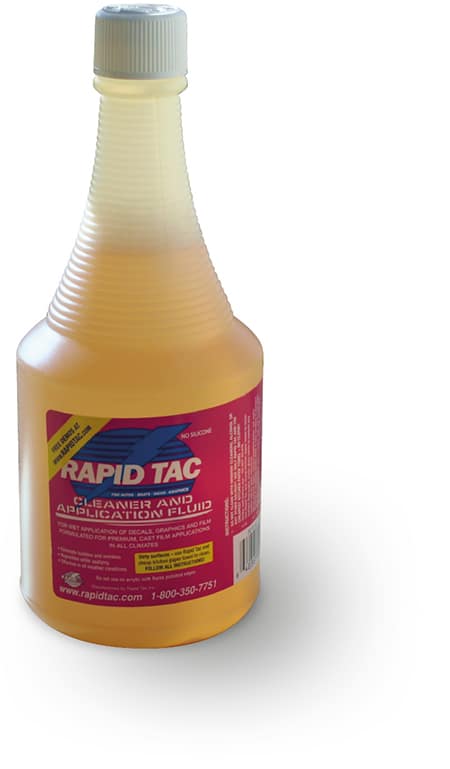 RAPIDTAC ORIGINAL pink coloured liquid application fluid for faster installation of graphics onto windows etc. in its' 946ml (32 Fl.Oz) bottle, which has a corrugated neck for easier gripping. The bottle has it's screw cap on the top rather than having the spray nozzle inserted.