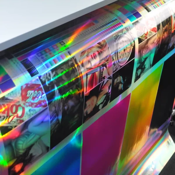 RH50 Rainbow Holographic Silver self-adhesive graphics film being printed full colour and reflecting a full spectrum of light colours from the metallic substrate giving an extra eye-catching dimension to the prints.