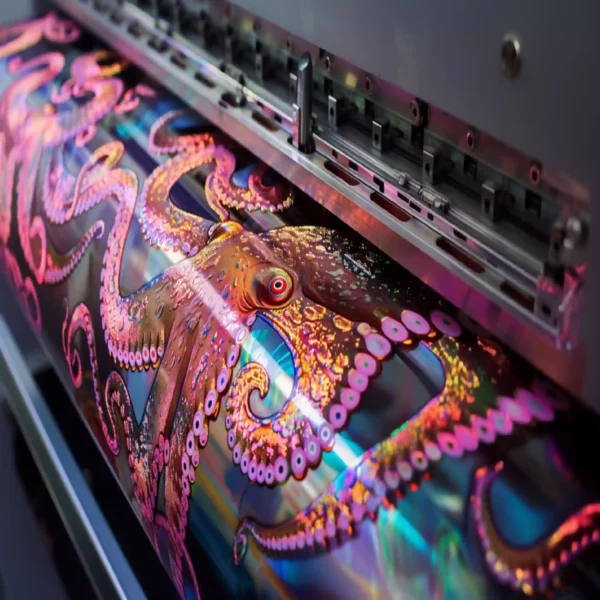 RH50 self-adhesive silver holographic rainbow film being printed full colour and also using special effect inks for added depth and impact, reflecting light from the metallic substrate providing an eye-catching spectrum of colours to the print.