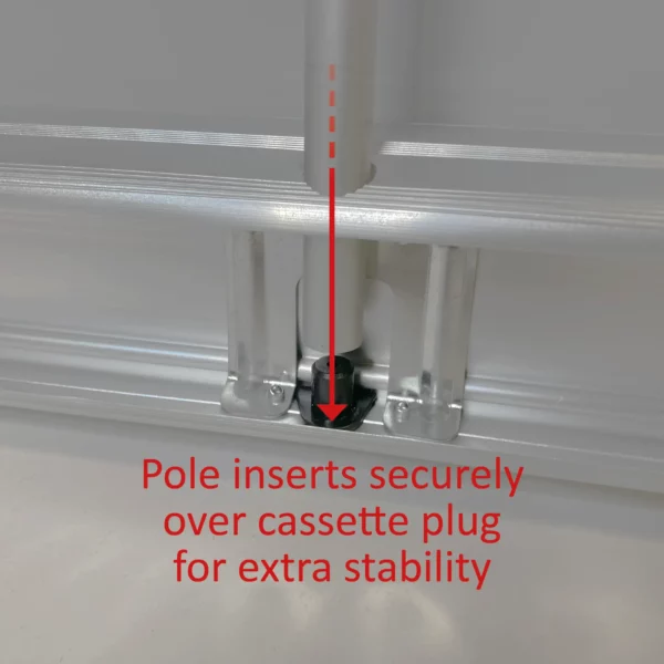 The 'Buckingham' pull-up banner stand features a plug mechanism in the base graphics cassette where the pole is slotted over for a secure fit to help stop wobble.