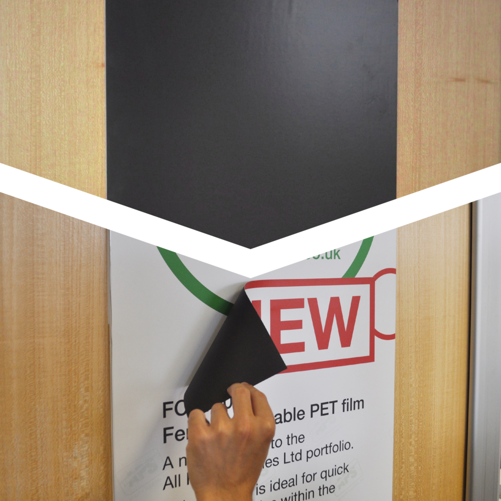 Self-Adhesive Wall Magnet film used for quick change graphics with a printable ferrous material which are magnetically attracted to stick to the wall magnet surface making it quick, easy and mess free to swap signage, especially useful in quick-change environments such as on SALE or general retail type graphics where no experience in fitting graphics is required. The top image shows the brown "blank" magnetic base film and below the split image has 2 layers of ferrous printed signage one on tope of ach other with the top most graphic being moved into a different position on the sign.