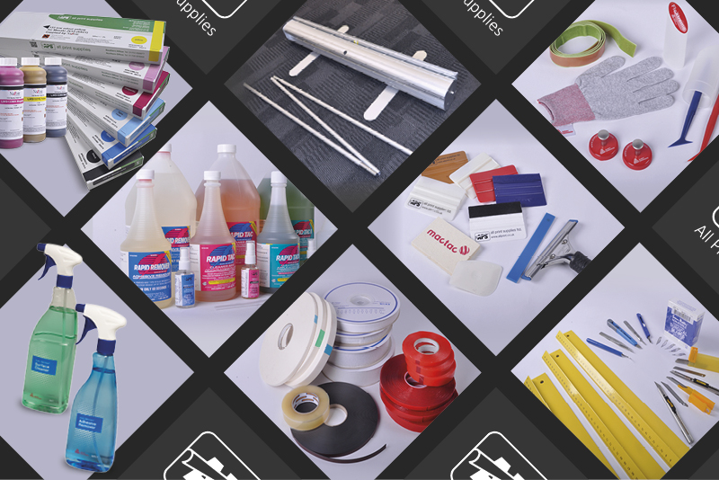 A range of tools and accessories for sign, display, graphics & wrapping projects including squeegees, sign tapes, textile tapes, rulers, scalpels, vinyl wrapping tools, display frames, application tapes, solvent inks, application fluids and more!