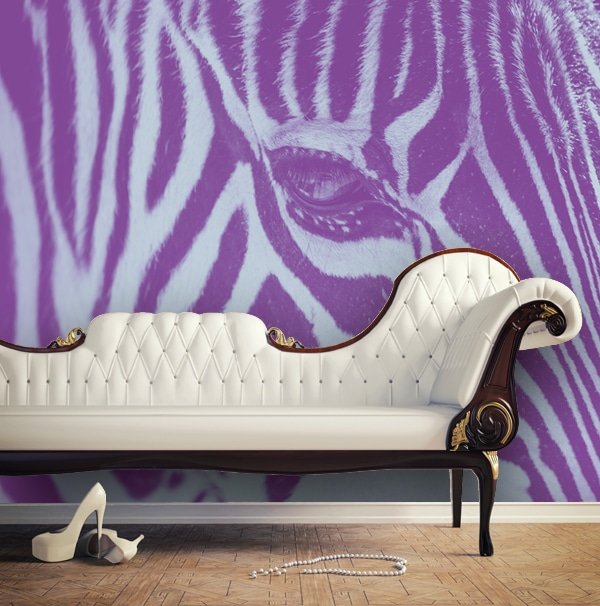 Sihl 2515 design2wall custom printed wallpaper on an interior living room wall with a couch in front of the purple and light blue tone printed zebra stripes design wall covering.