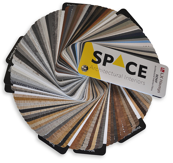 Interiors films swatch fanned out 360 degrees showing all 124 of the most popular self-adhesive sample patterns and interior decoration finishes.