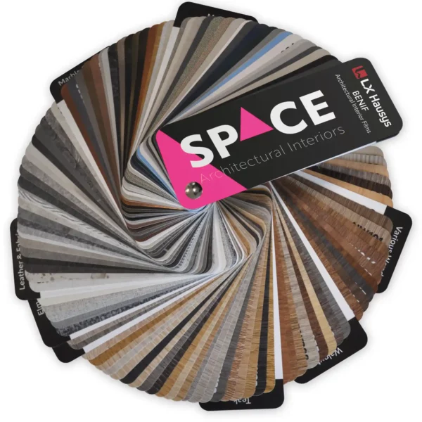 The SPACE interior films swatch fanned out in a full 360 degrees circle, showing over 100 of the colours in the 'collection' of self-adhesive decorative films available from the LX Hausys UK STOCK range, and more, that are on offer from the All Print Supplies 'SPACE' brand. Including textured wood patterns, metallic finishes, fabric texture patterns, different stone effects, marbled colours, plain & textured solid colours and more.