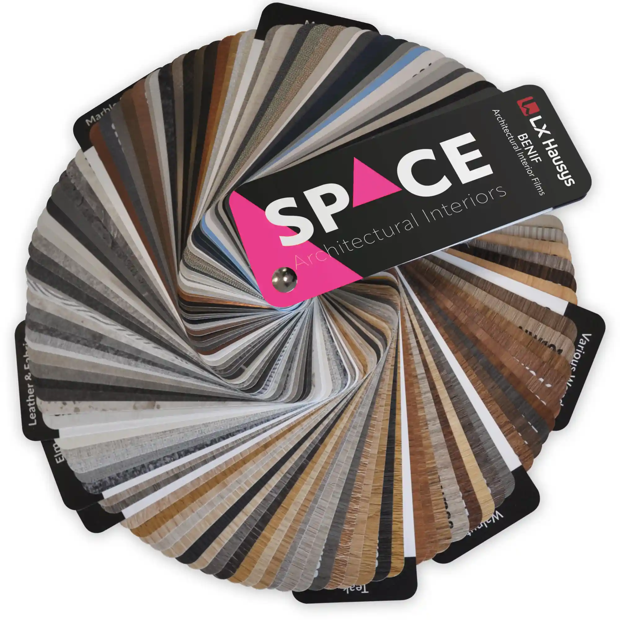 The SPACE interior films swatch fanned out in a full 360 degrees circle, showing over 100 of the colours in the 'collection' of self-adhesive decorative films available from the LX Hausys UK STOCK range, and more, that are on offer from the All Print Supplies 'SPACE' brand. Including textured wood patterns, metallic finishes, fabric texture patterns, different stone effects, marbled colours, plain & textured solid colours and more.