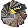 The SPACE interior films swatch fanned out in a full 360 degrees circle, showing over 110 of the colours in the 'collection' of self-adhesive decorative films available from the LX Hausys UK STOCK range, and more, that are on offer from the All Print Supplies 'SPACE' brand. Including textured wood patterns, metallic finishes, fabric texture patterns, different stone effects, marbled colours, plain & textured solid colours and more.