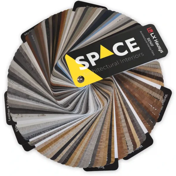 The SPACE interior films swatch fanned out in a full 360 degrees circle, showing over 110 of the colours in the 'collection' of self-adhesive decorative films available from the LX Hausys UK STOCK range, and more, that are on offer from the All Print Supplies 'SPACE' brand. Including textured wood patterns, metallic finishes, fabric texture patterns, different stone effects, marbled colours, plain & textured solid colours and more.