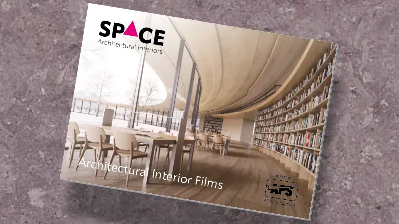 SPACE Architectural Interiors, ‘The Collection 2025-2026’ UK stocked products brochure cover, laid down with cover closed on top of a marble tabletop background.