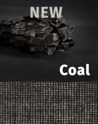 SQUID self-adhesive window textile in 'Coal' base colour, image shows the inspiration behind the finish (a lump of dark coal) and the colour of the textured textile is shown below.