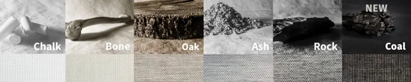 The complete choice of SQUID self-adhesive window textile film colours in the range: Chalk, Bone, Oak, Ash, Rock and Coal coloured finishes. The image line-up shows the real life inspiration elements for each of the 6 colours, with the corresponding actual woven fabric textured colour of each film underneath.