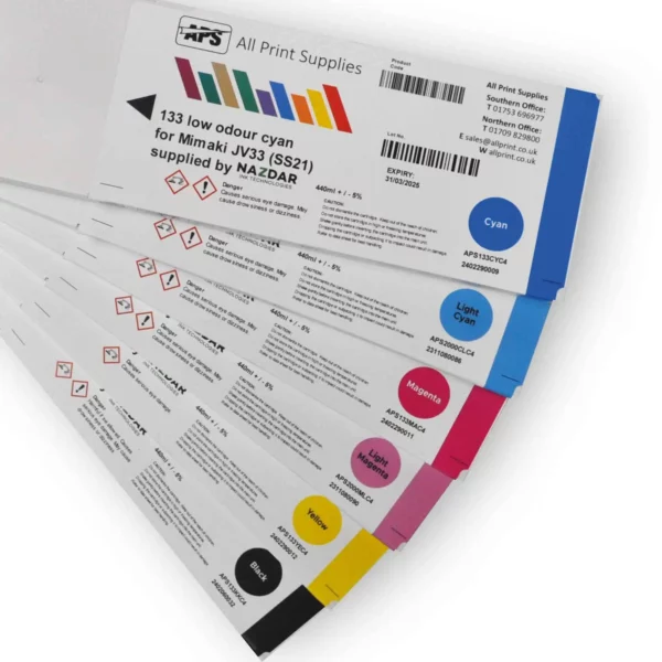 Viewed from above, 6 x SS21 digital solvent printing ink cartridges, stacked from top to bottom: Cyan, Light Cyan, Magenta, Light Magenta, Yellow and Black coloured wide format printer inks.