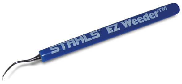 Stahls' EZ Weeder hand held tool for hooking out intricate cut-vinyl patterns is a blue pen shaped handle with a tapering hook on the end for picking out fine detail from cut-vinyl shapes.