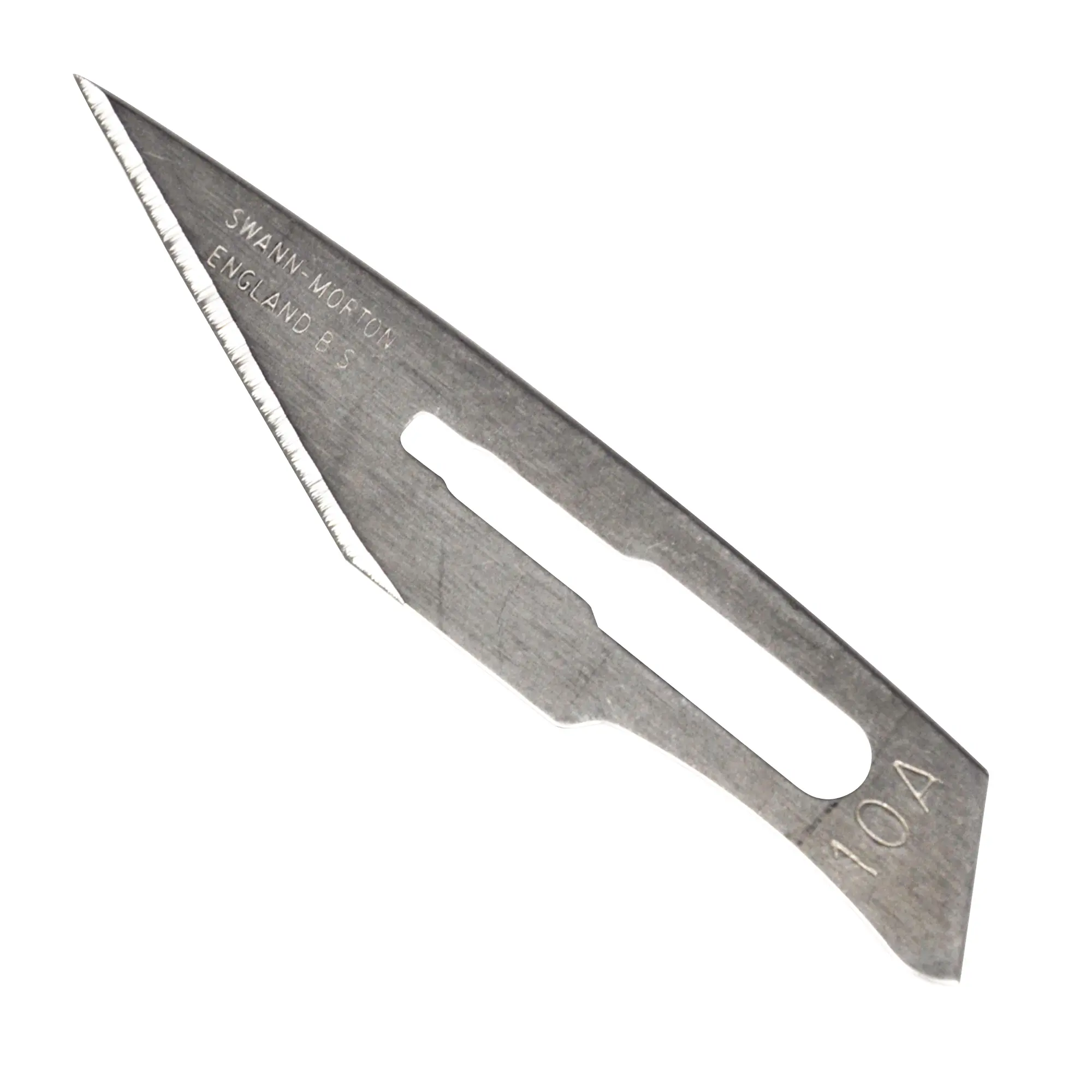 Photo shows the larger flat side of a Swann Morton 10A scalpel blade with engraved brand text and product identification number.