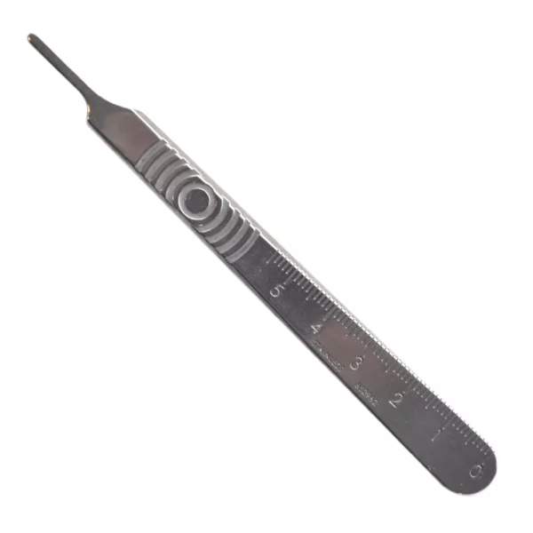 Swann Morton No.3 metal surgical scalpel handle for graphic artists, showing the side with the 55mm measurements feature engraved into it.