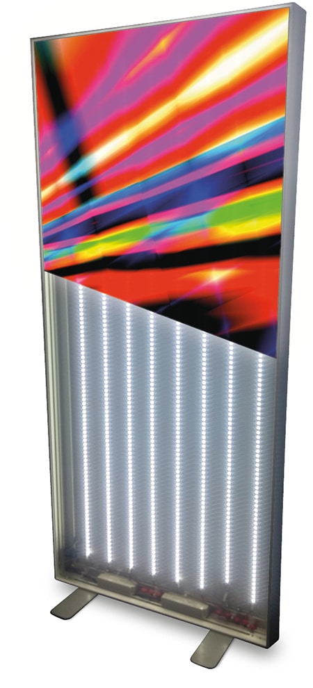 A silver framed tension display lightbox frame shown facing forward with the left-hand corner slightly more in the forefront with the lights on inside, and a bright red, yellow and black stripey blur image printedon the Speedy 911-11 fabric which has been installed only at the top of the display frame so the backlit lighting system can be seen clearly inside the bottom half of the frame.