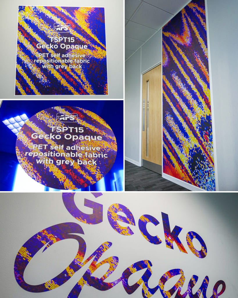 A collage of some printed interior designs using TSPT15 Gecko Opaque applied onto office windows, walls and doors using a stripey psychedelic style graphic in purples, yellows and blues with white text overlaid on 2 of the 4 examples and text in a series of complex typefaces printed and cut out on 1 of the example photos... all spell out the product name.
