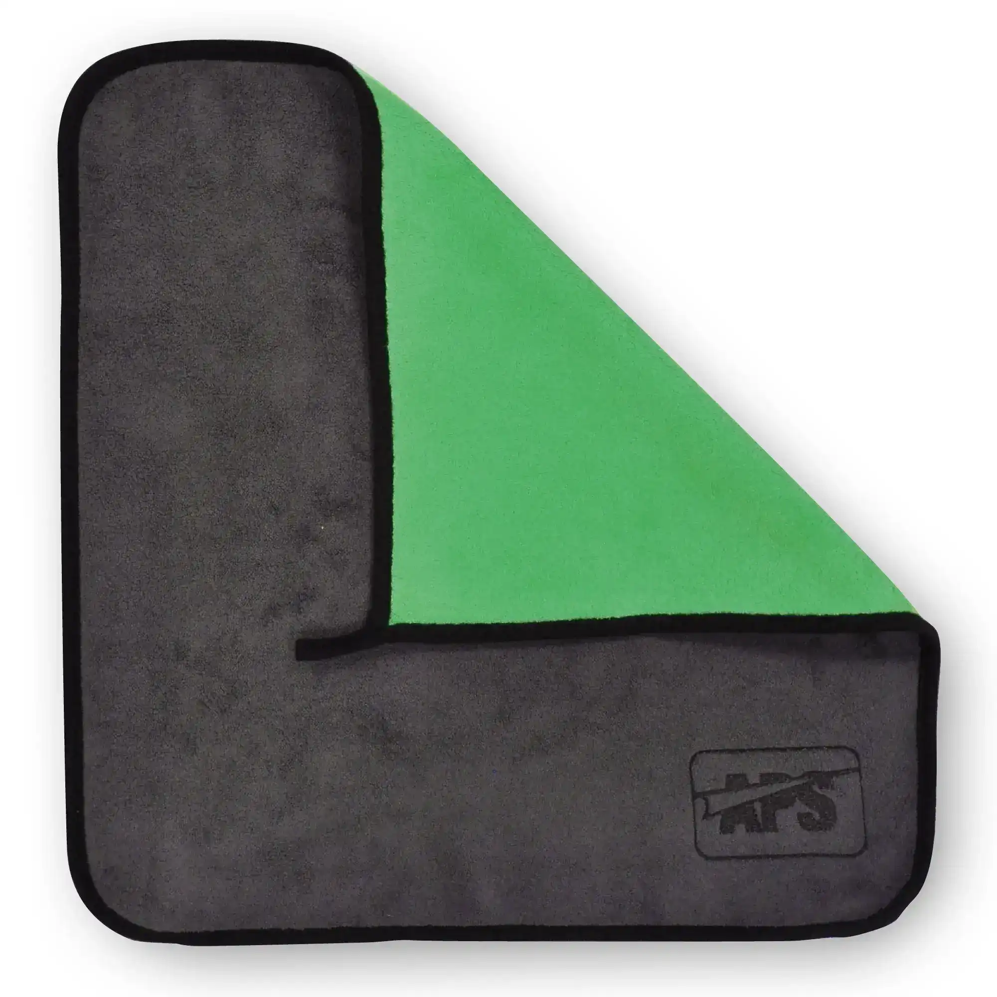 Vinyl wrapping micro fibre buffing cloth in green and grey colours with an APS black branded logo in the bottom right-hand corner.